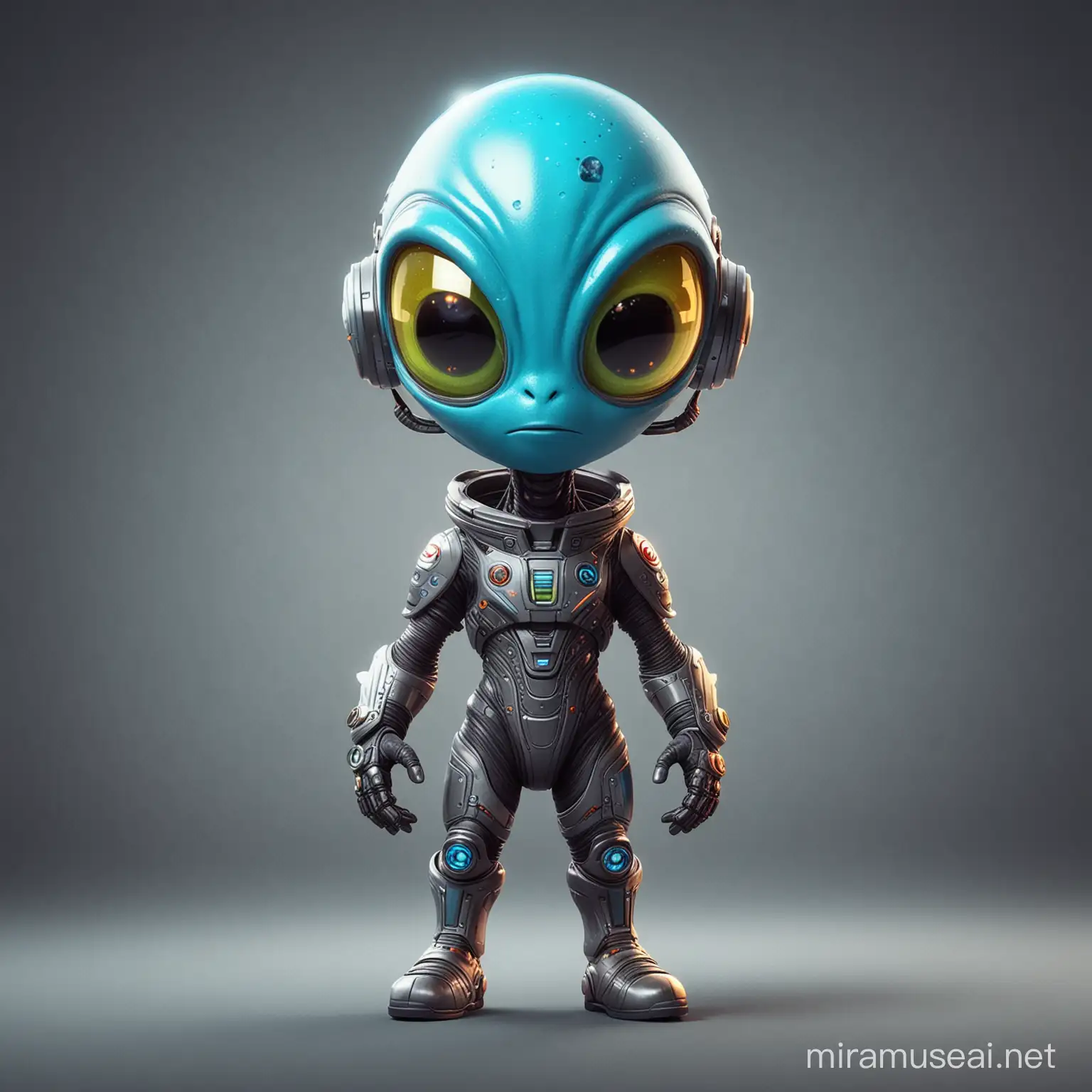Create a mascot for "Galactic Innovations," a company symbolizing innovation and futurism. The mascot, an alien, should have unique, memorable features, be friendly yet futuristic, and adaptable for various media. Use vibrant colors and consider adding futuristic elements like antennas or space suits for inspiration.
