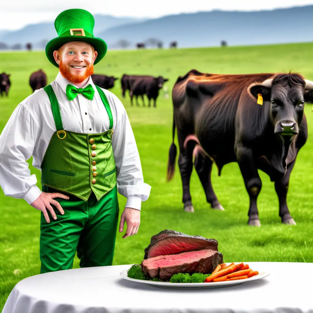 Leprechaun standing next to a table with a beef roast on a white plate.  The background is a pasture with a herd of Angus cattle.  