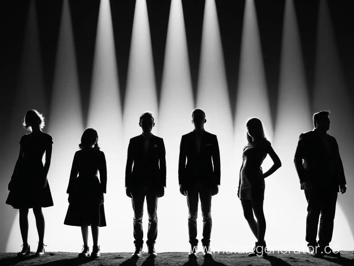 Seven-Silhouettes-in-Front-of-Glowing-Light-Monochrome-Scene