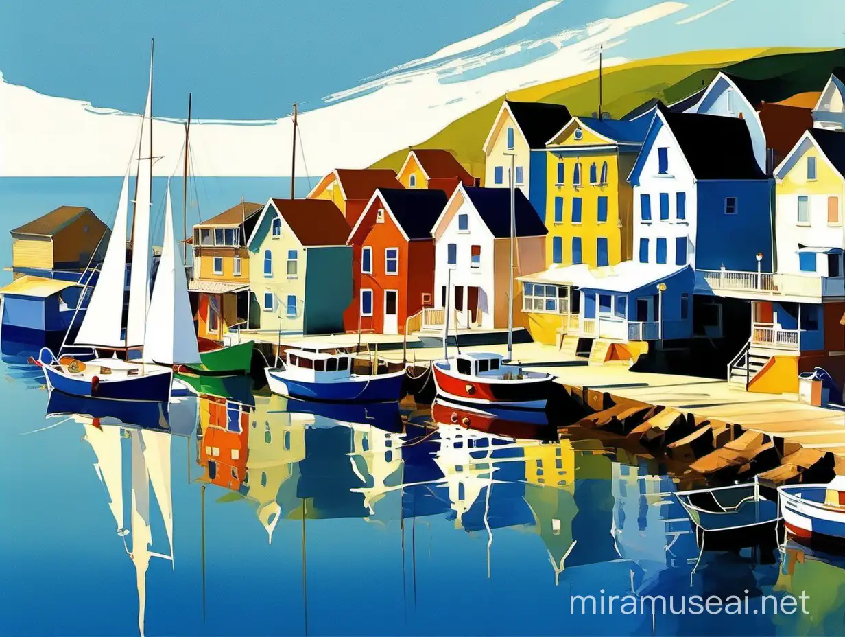 Harbor Scene with Bright Houses Sailboats and Rolling Hills