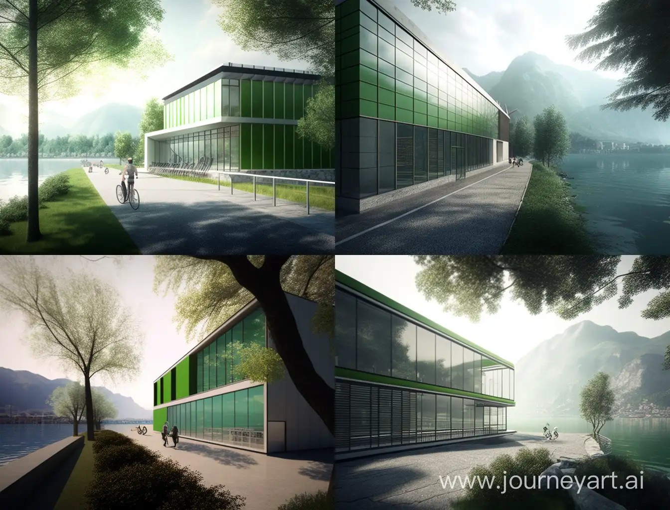an exterior perspective render, render from a 3-floor rectangular sports complex building with 3 shades of green polycarbonate facade with all the windows at the center row completely at the middle of the building, near Lake Como in Lecco, with mountains at the back of the building, at the front, there is the pedestrian path and next to it there is bicycle line.