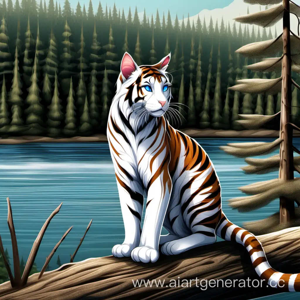 Кошка-тигр, белая с голубыми глазами, бурым левым ухом, бурым полосатым хвостом, высокая и стройная. На фоне хвойного леса и реки.