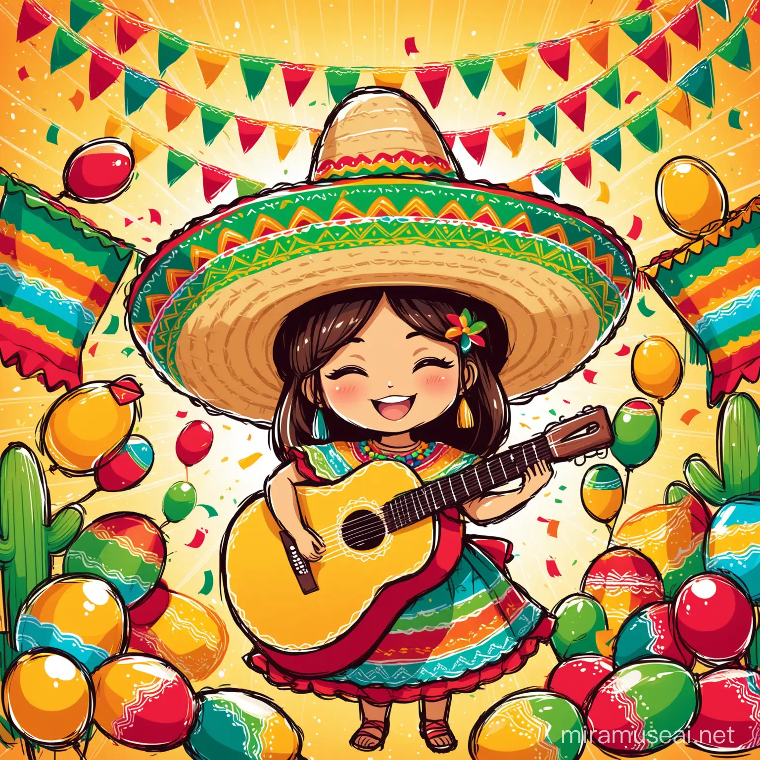 A vibrant and playful illustration of a Cinco de Mayo hat, with vector line art creating a colorful and lively effect. The hat is adorned with various elements such as a sombrero base, mariachi-inspired decorations, and a festive Mexican flag. Accompanying the hat are a lively guitar and a pair of maracas, adding to the celebratory atmosphere. The overall ambiance of the illustration is cheerful and festive, perfect for capturing the spirit of Cinco de Mayo.