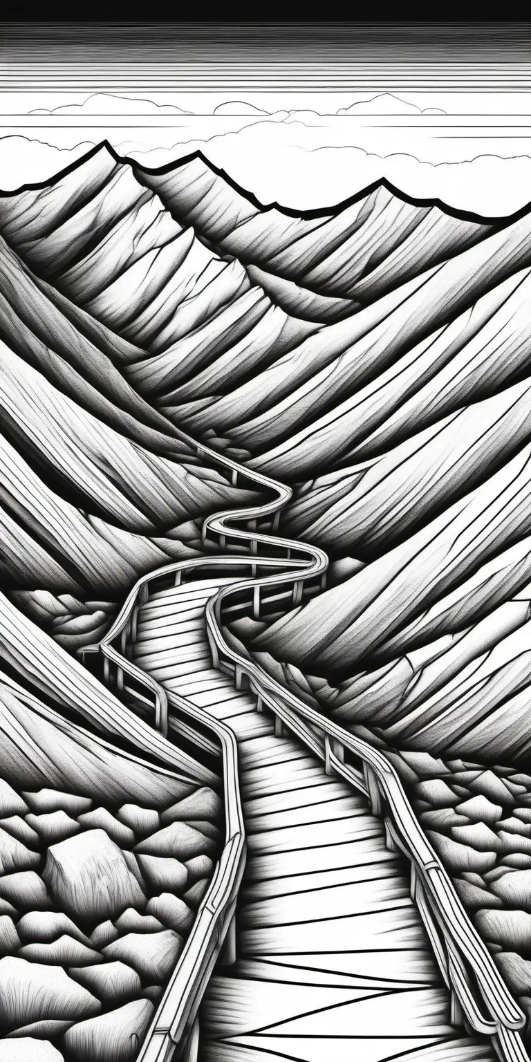 Simple black and white line drawing in style of a coloring book of a path winding up a mountainside, lightly detailed, realistic, no color, no grayscale, no shadows, no shading