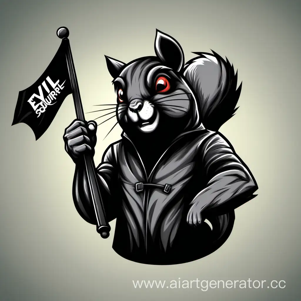 The evil squirrel raised up a black flag on hands. logo. Colored.