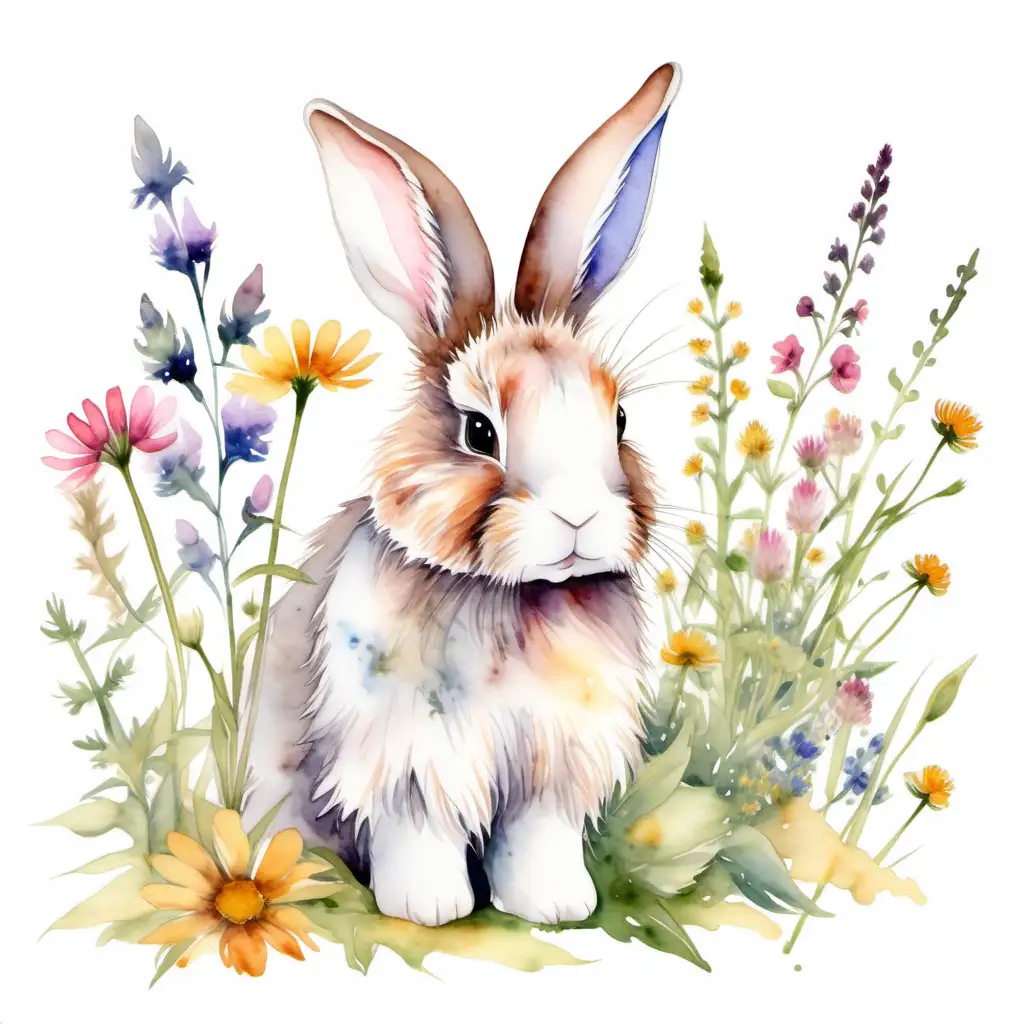 FLUFFY BUNNY, WILDFLOWERS,WATERCOLOR,white BACKGROUND