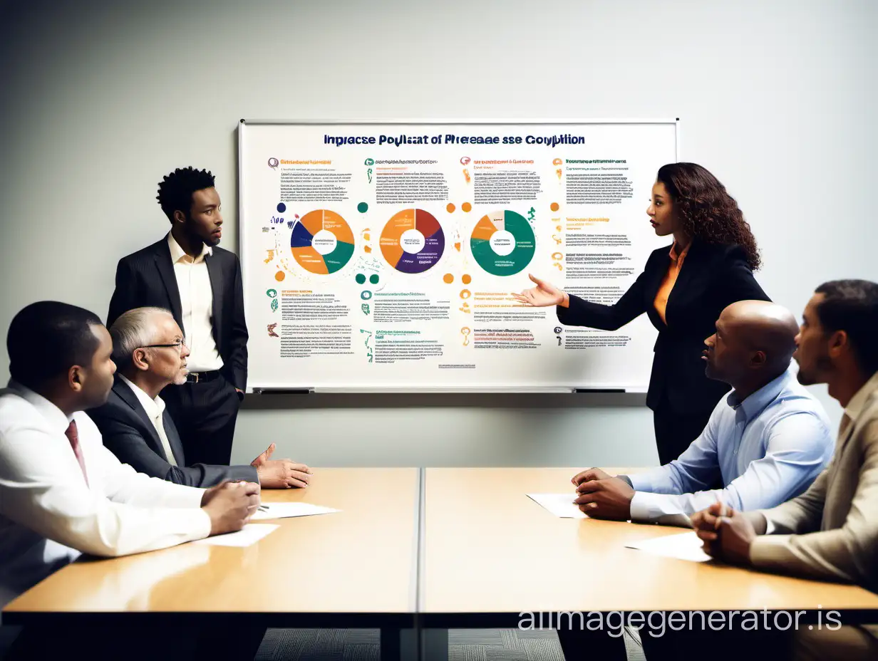 "Create a thought-provoking image depicting a diverse group of men and women gathered around a presentation board. The board should prominently display the topic 'Impact of Increase in Population on Economy and Society.' Capture the participants engaging in discussions, exchanging ideas, and visually conveying the complexities and dynamics of the relationship between population growth and its effects on both economic and societal aspects. Ensure that the image reflects diversity, collaboration, and a shared focus on understanding the consequences of population increase."