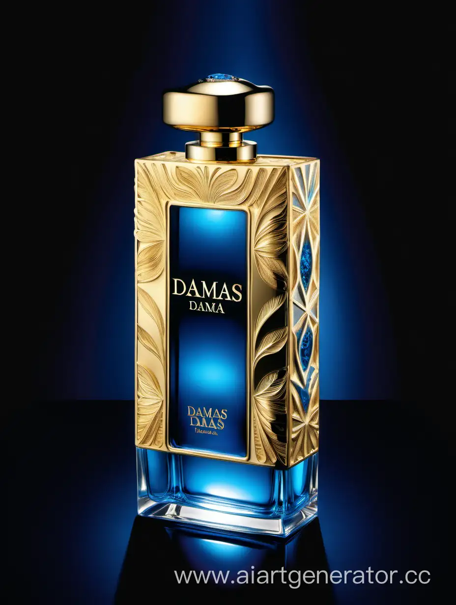 Exquisite-Gold-and-Blue-Perfume-with-3D-Details-on-a-Black-Background-Damas-Text-Logo