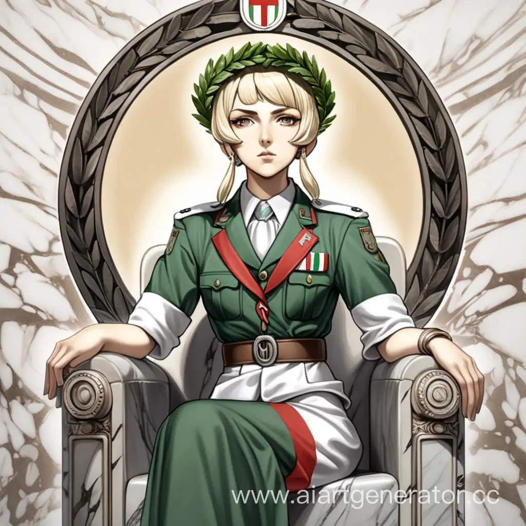 draw a woman sitting on a marble throne, dressed in an Italian fascist uniform, holding a Laurel wreath in her hands and wanting to place this wreath on her head, in anime style.