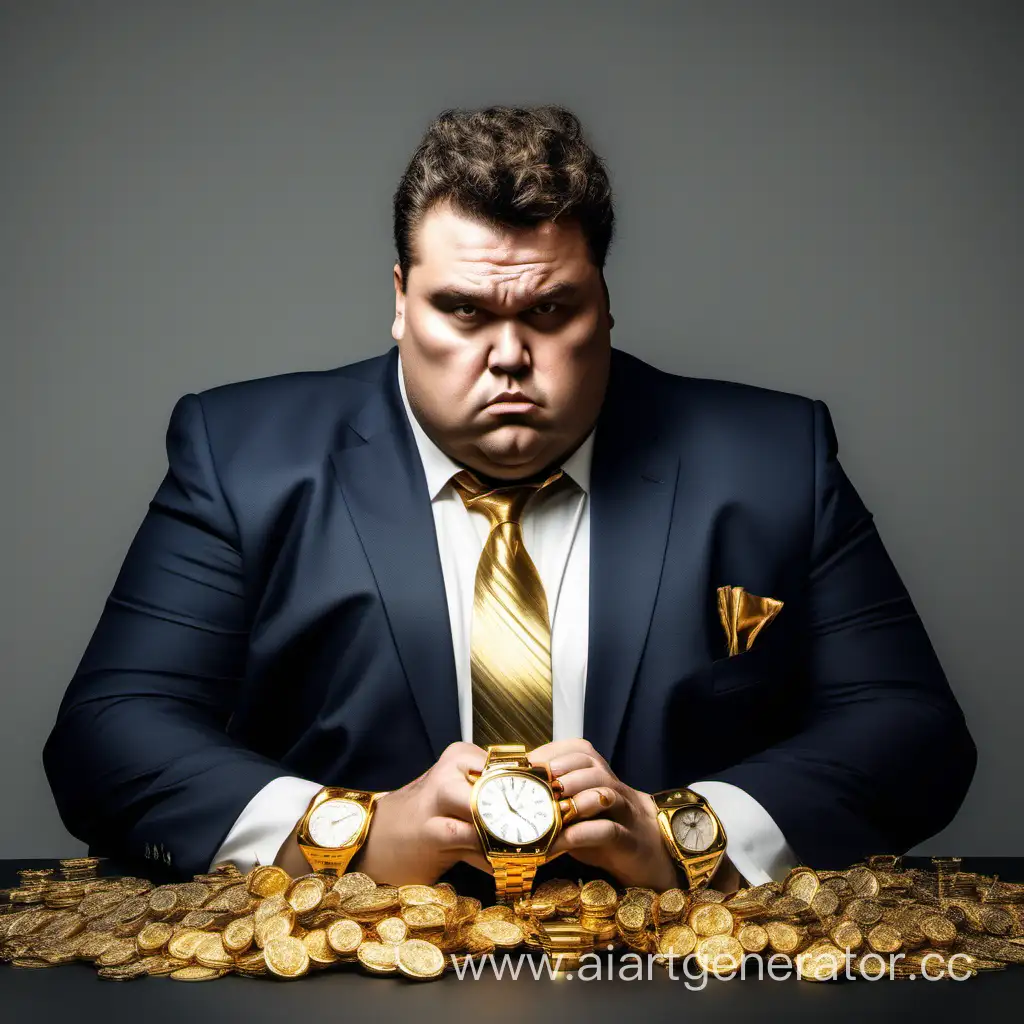 жирный богатый мужик в деловой костюме с золотыми часами на обеих руках с серьезным лицом