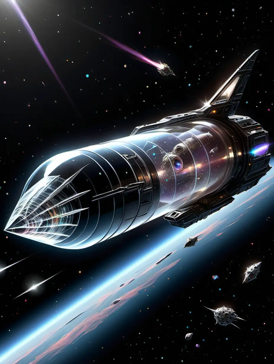 a clear see-through long, multi-faceted, cylindrical spaceship of crystal with pointed ends, small protrusions with guns dot along the surface of the hull. In the far background, a dark round black hole that is outlined in thin light in space.