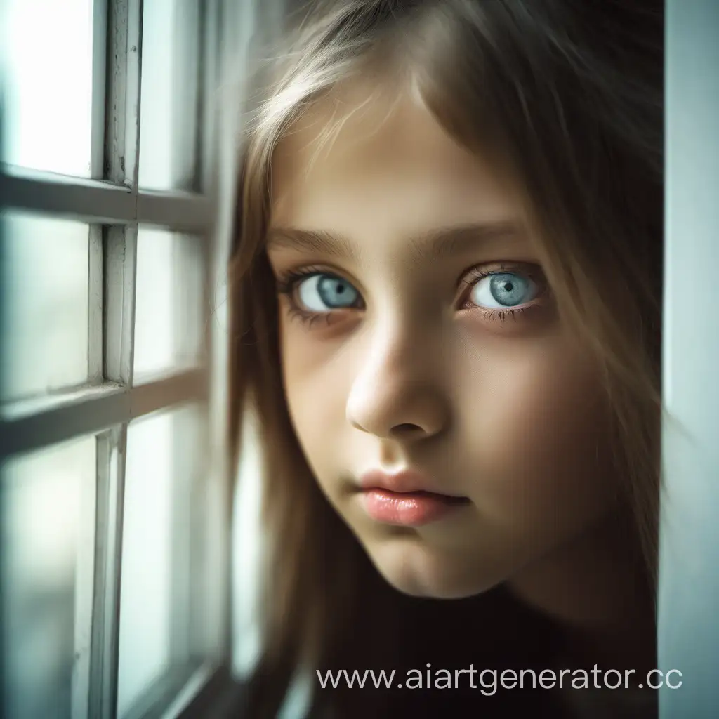 The girl close-up sits by the window, beautiful eyes