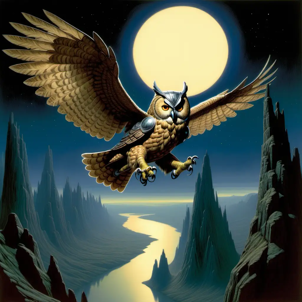 Fantasy knight riding flying a giant owl at night painted by Ralph McQuarrie