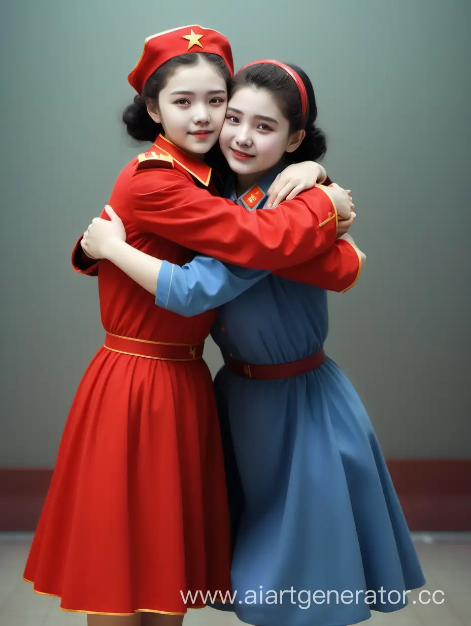 Девушка коммунистка и девушка дворянка обнимаются