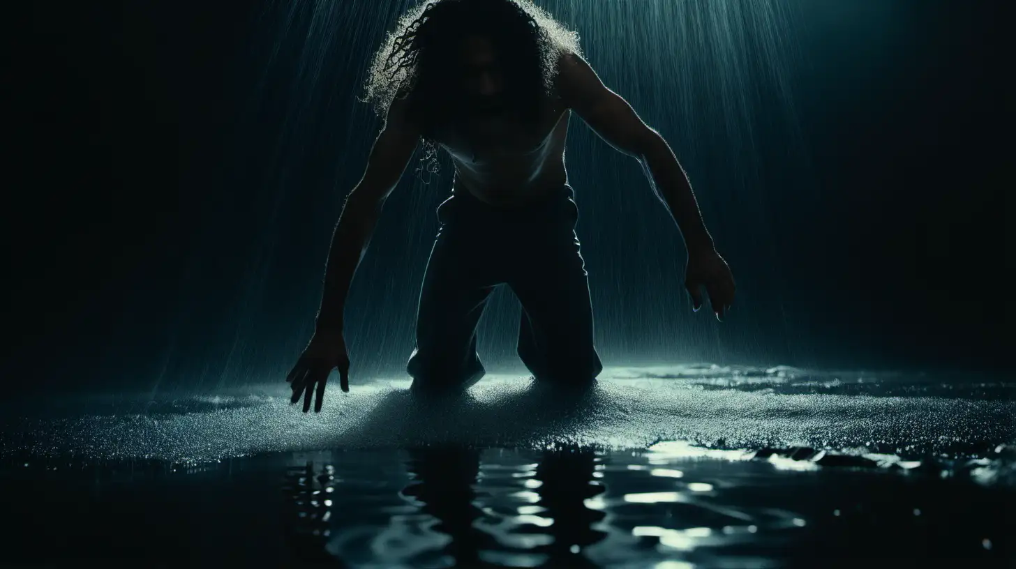 A cinematic scene shot with a Sony cineAlta extreme long shot of mixed peurto rican man with long curly hair emerging walking on a reflective floor dripping water from a black dark abyss