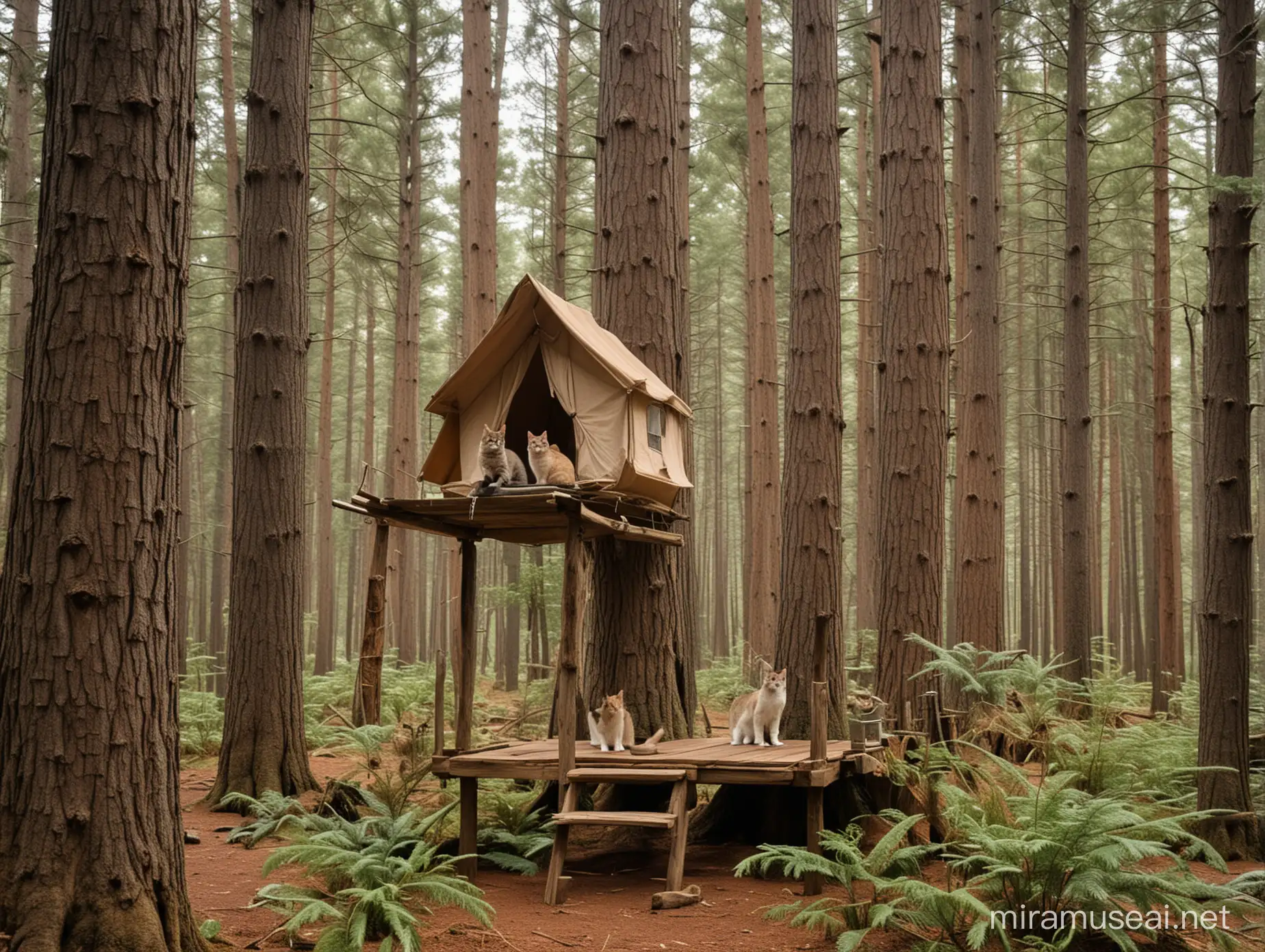 Rustic Cat Camping Retreat in Forest with Towering Pine Cat Stand