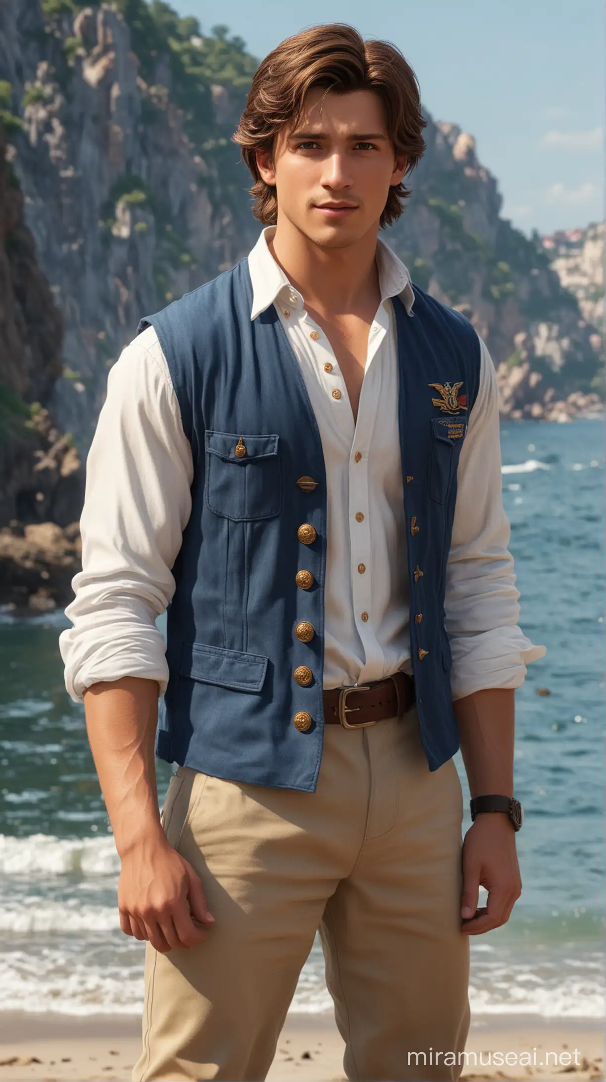 in a sea natural background  military there are disney prince Flynn is Germany 21-year-old with  brown  long dark hair and brown eyes  and white shirt and blue vest and brown trousersand muscled an face beautiful 8k re solution ultra-realistic