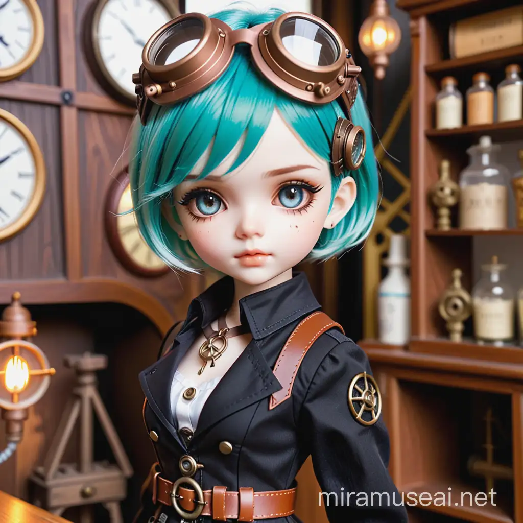 bjd doll pixie short hair as zeppelin pilot style steampunk twon steampunk in background and corruption errors --c 30 --s 250 --niji 6ampunk style and corruption errors --c 30 --s 250 --niji 6