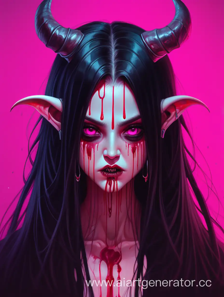 Нарисованная девушка демон в рогами, черными длинными волосами, кровь стикает с глаз, ярко розовый фон 