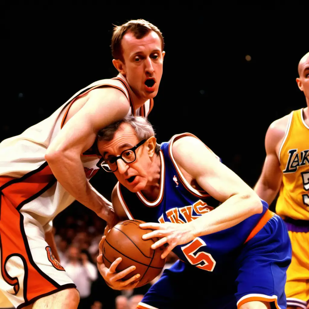 Woody Allen, fifty years old, pulls a Jason Williams behind the back elbow pass in a knicks jersey in a game vs the lakers. His face looks ferocious! 