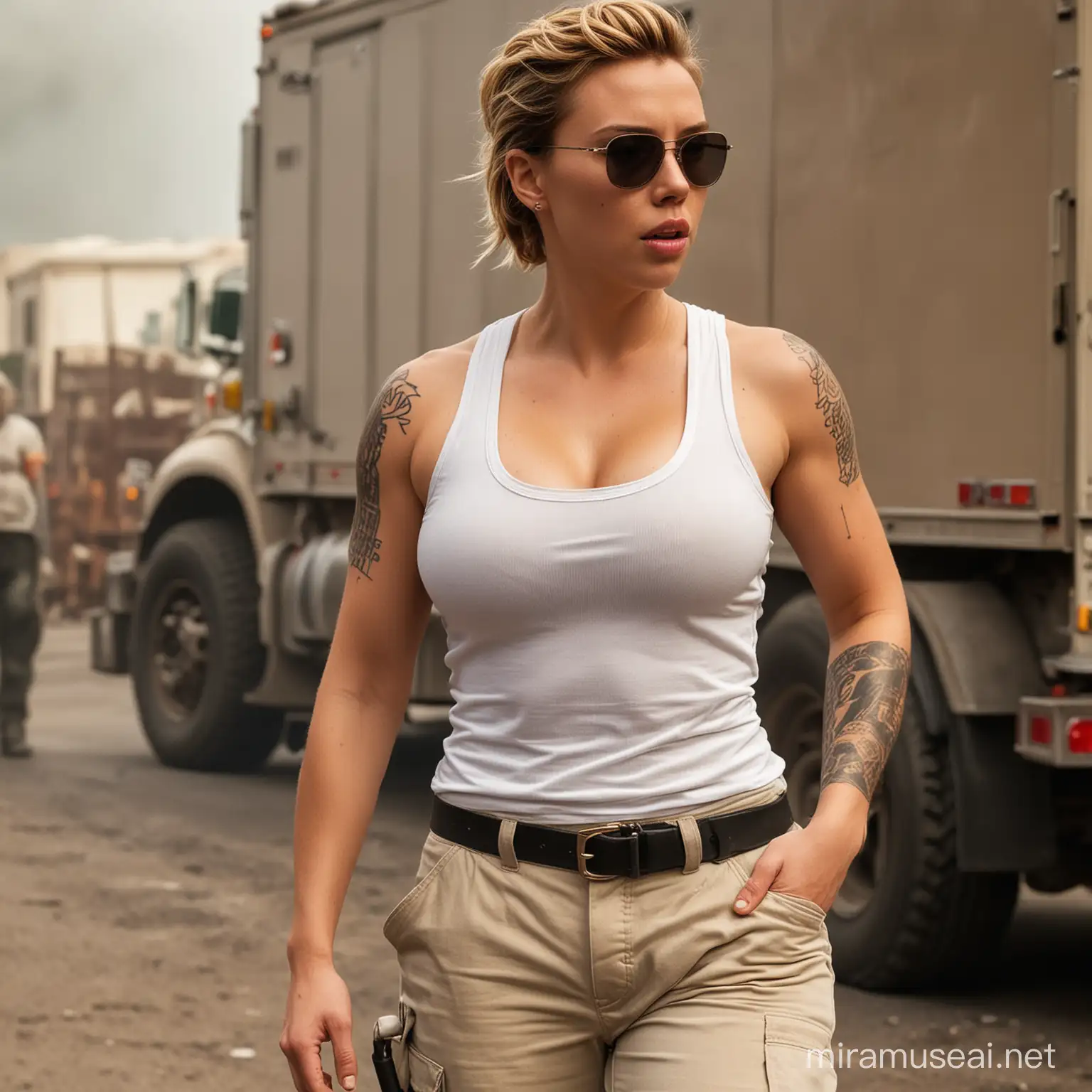 Scarlett Johansson as a firefighter, looking very buff and very muscular, with broad shoulders, looking masculine, with many tattoos, wearing a white tank top, with a big bulge in her pants, wearing sunglasses, looking sweaty, looking tan, full body image