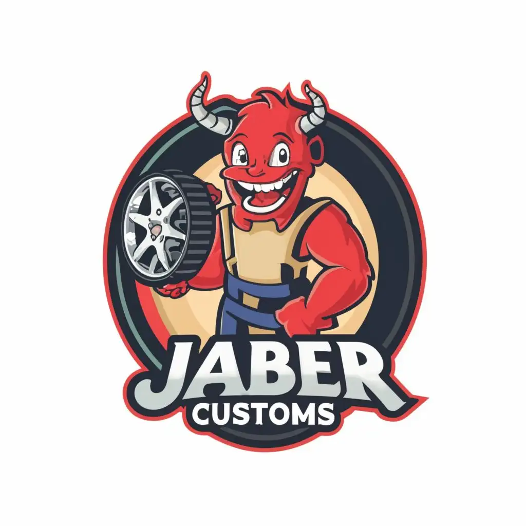 logo, a little happy monster holding a truck rim, with the text "Jaber Customs", typography, be used in Automotive industry