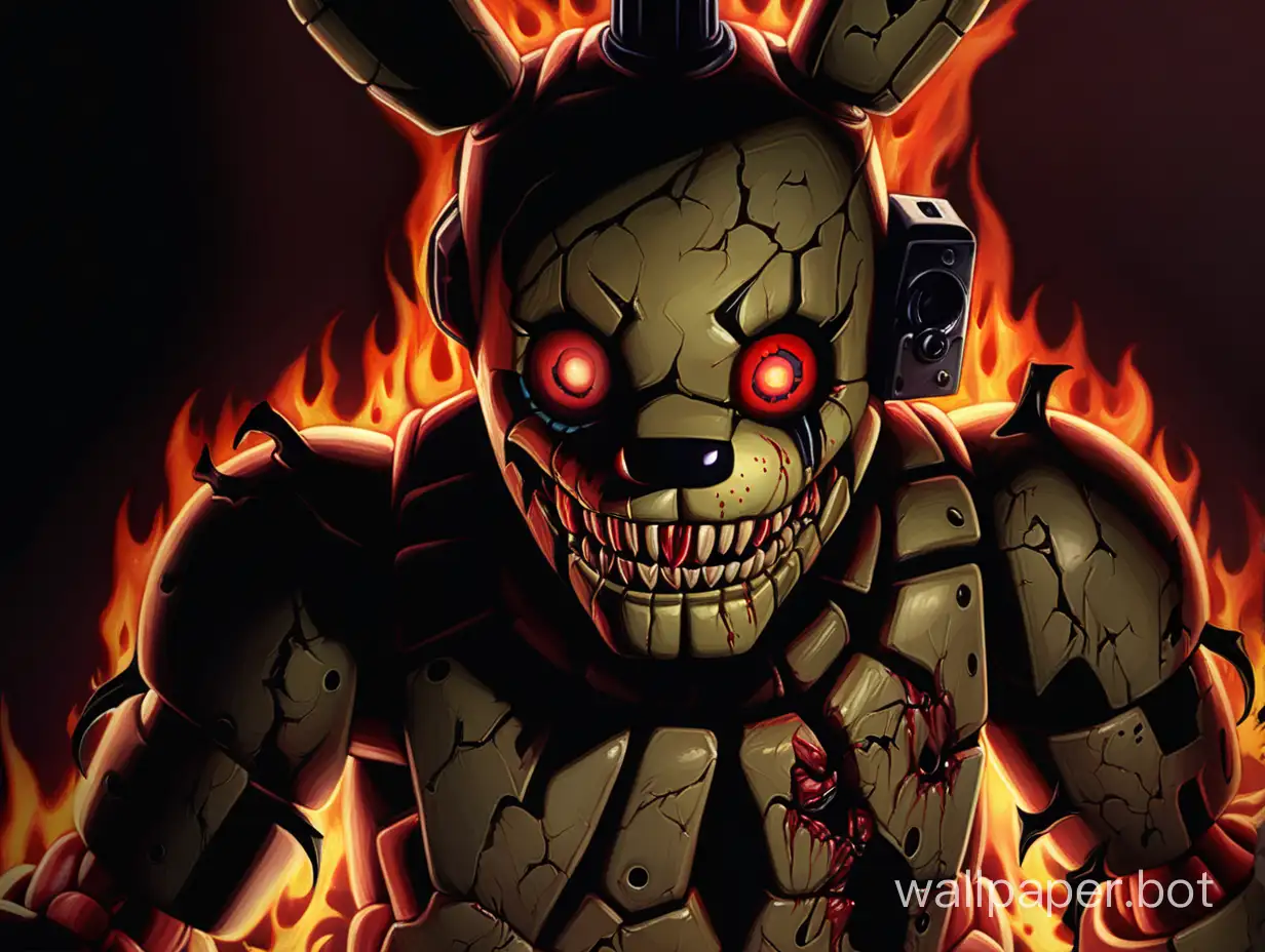 Springtrap burns face in cracks pierced body cracks evil face grim body and grim face burns Scarlet red black eyes pupils black darkness absorbs darkness against the background body in wounds body in holes darkness looks from eyes scary face soulless face looks