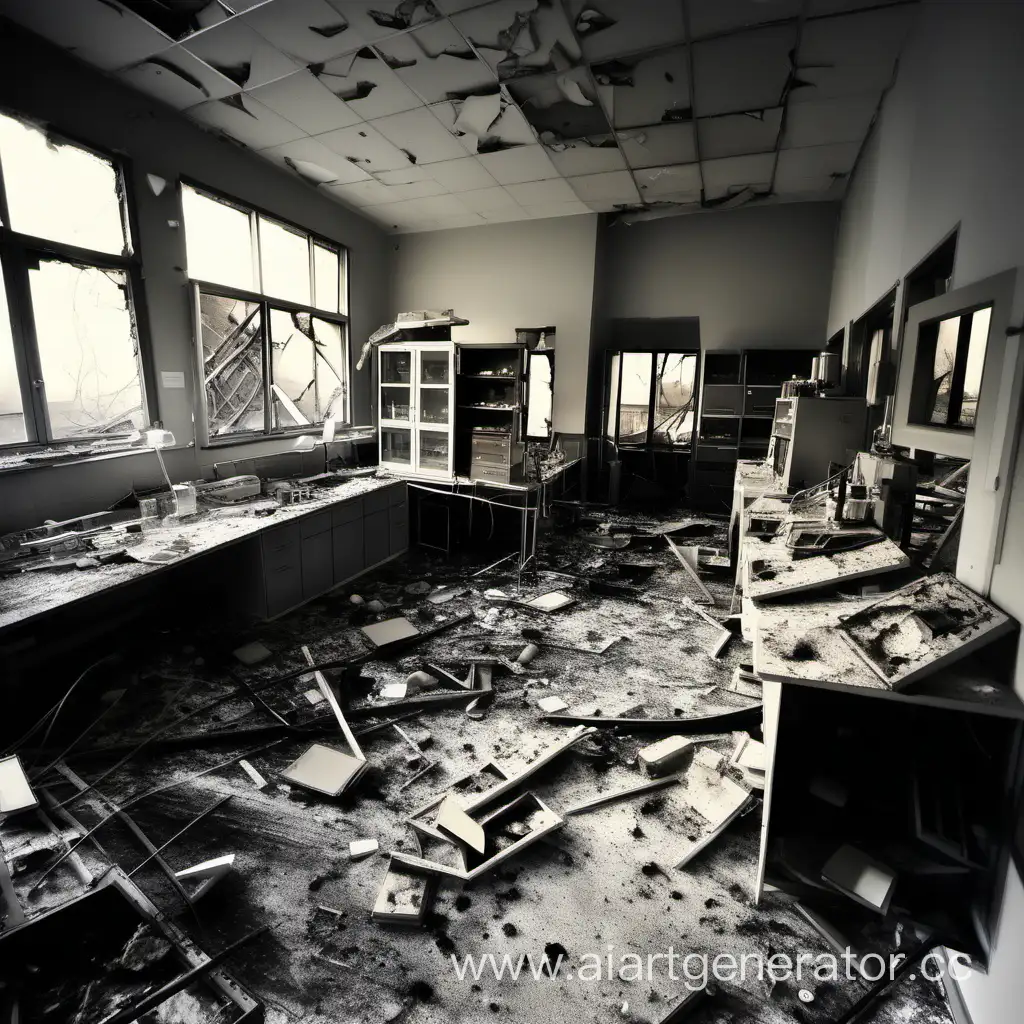 Разрушенная лаборатория после взрыва