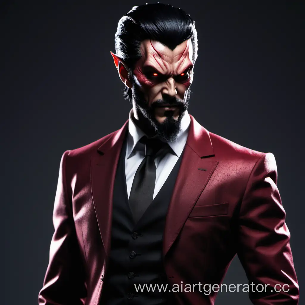 Azazel, mutant-demon, red skin texture, black hair, xmen, aesthetic goatee beard, swept tail, Marvel Comics, pointy ears, eye scar, skinny and tall, Dressed in Elegant Bodycon Black Color japanese suit, realistic, professional photo