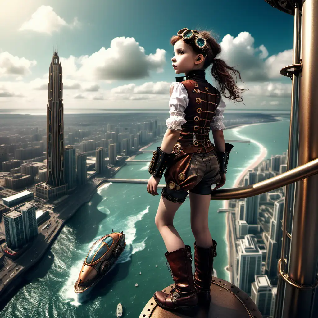 steampunk tween girl on the top of the skyscraper, overlooking the futuristic city at the seaside, realistic, high resolution
