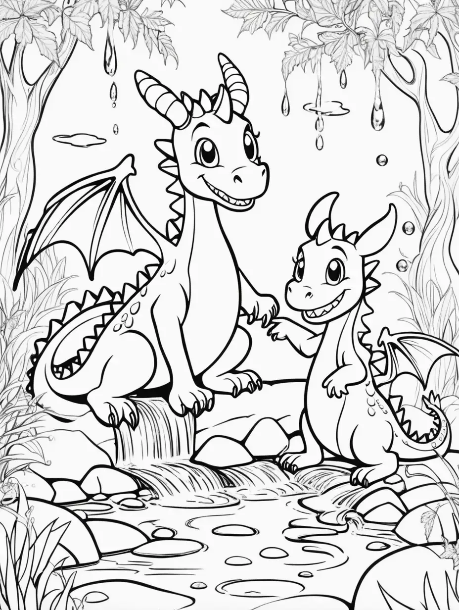 happy baby dragon and his mommy at a magical sparkling stream for coloring