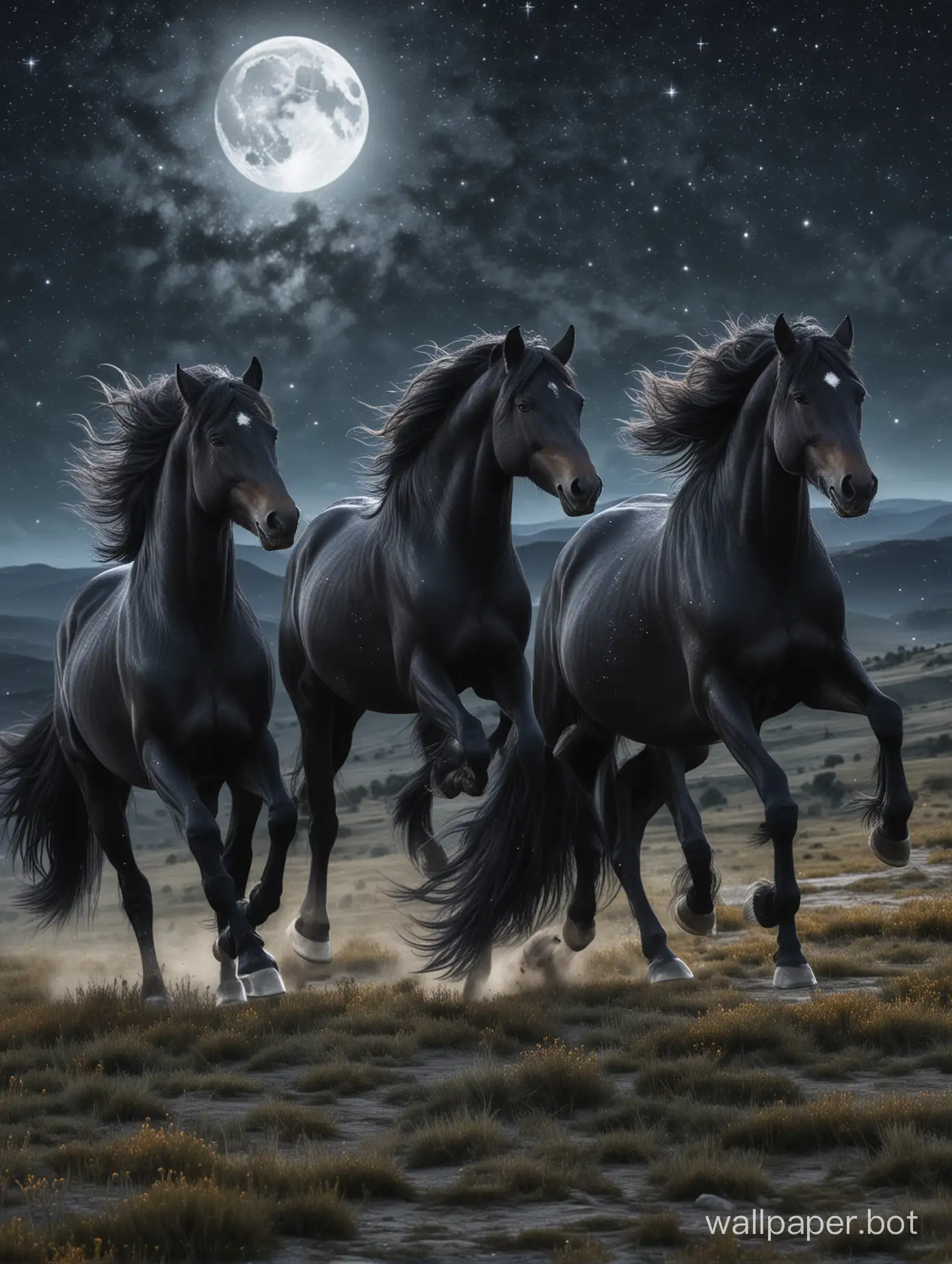 Three black horses with luscious long hair galloping in the moonlit night sky brightened by the shining stars with hills in the distance through a side view