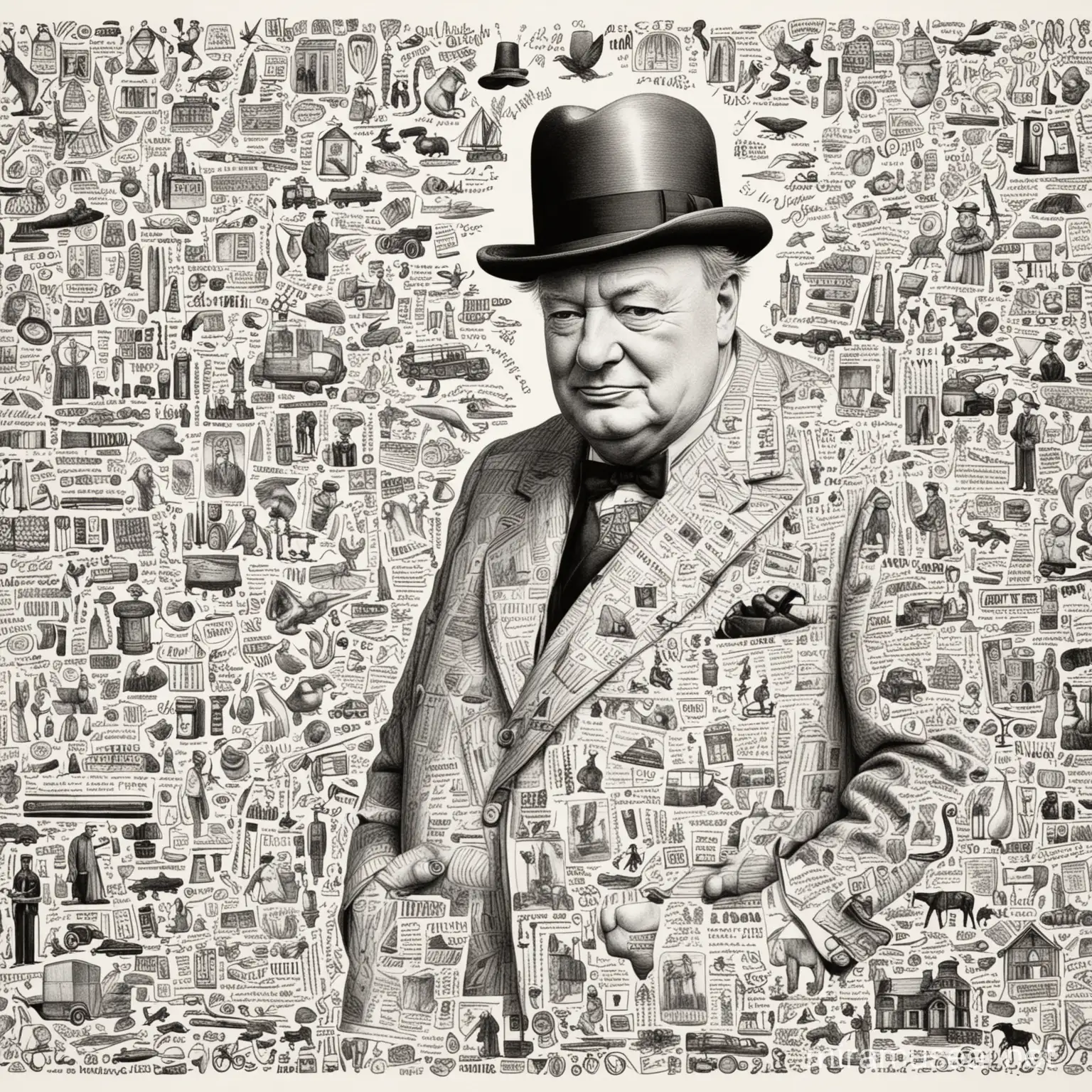 hand-drawn doodle illustrations that reflect elements that connect to Winston Churchill and his hobbies in black ink on a white background
