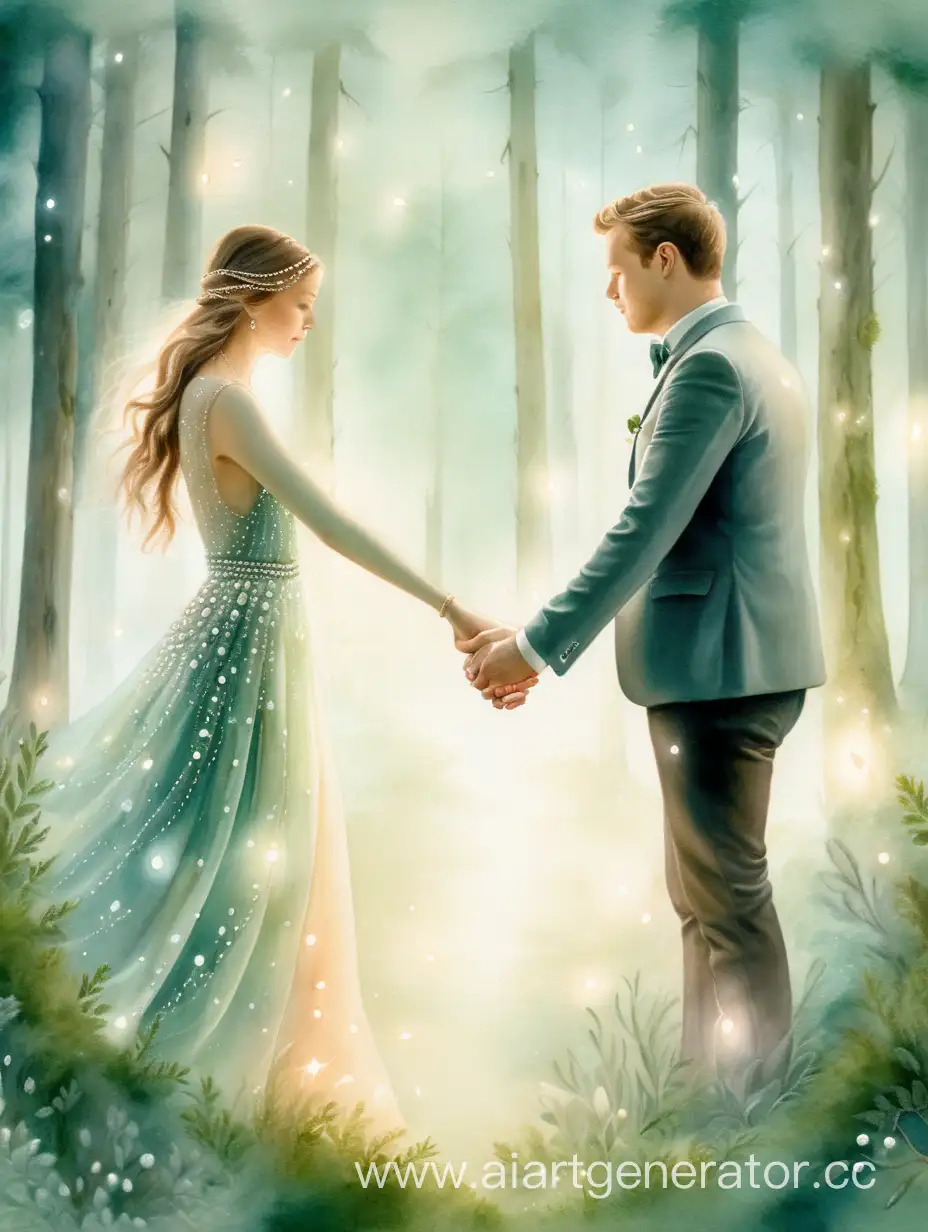 Romantic-Couple-Holding-Hands-in-Sparkling-Forest-Watercolor-Painting