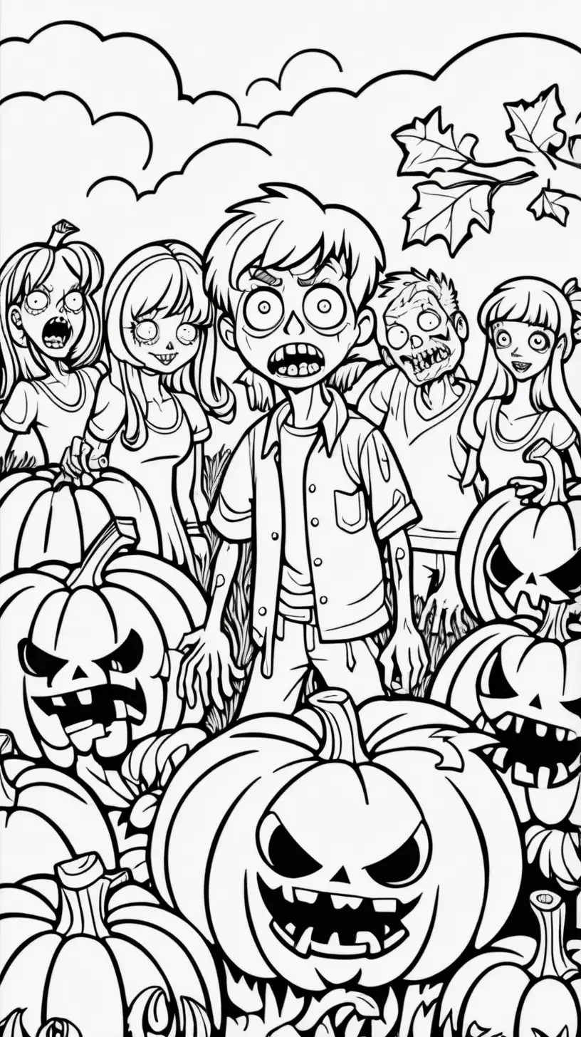  coloring book style image, clean thick black line image, friendly happy looking zombie character with large eyes and head , with friends in a pumkin patch
