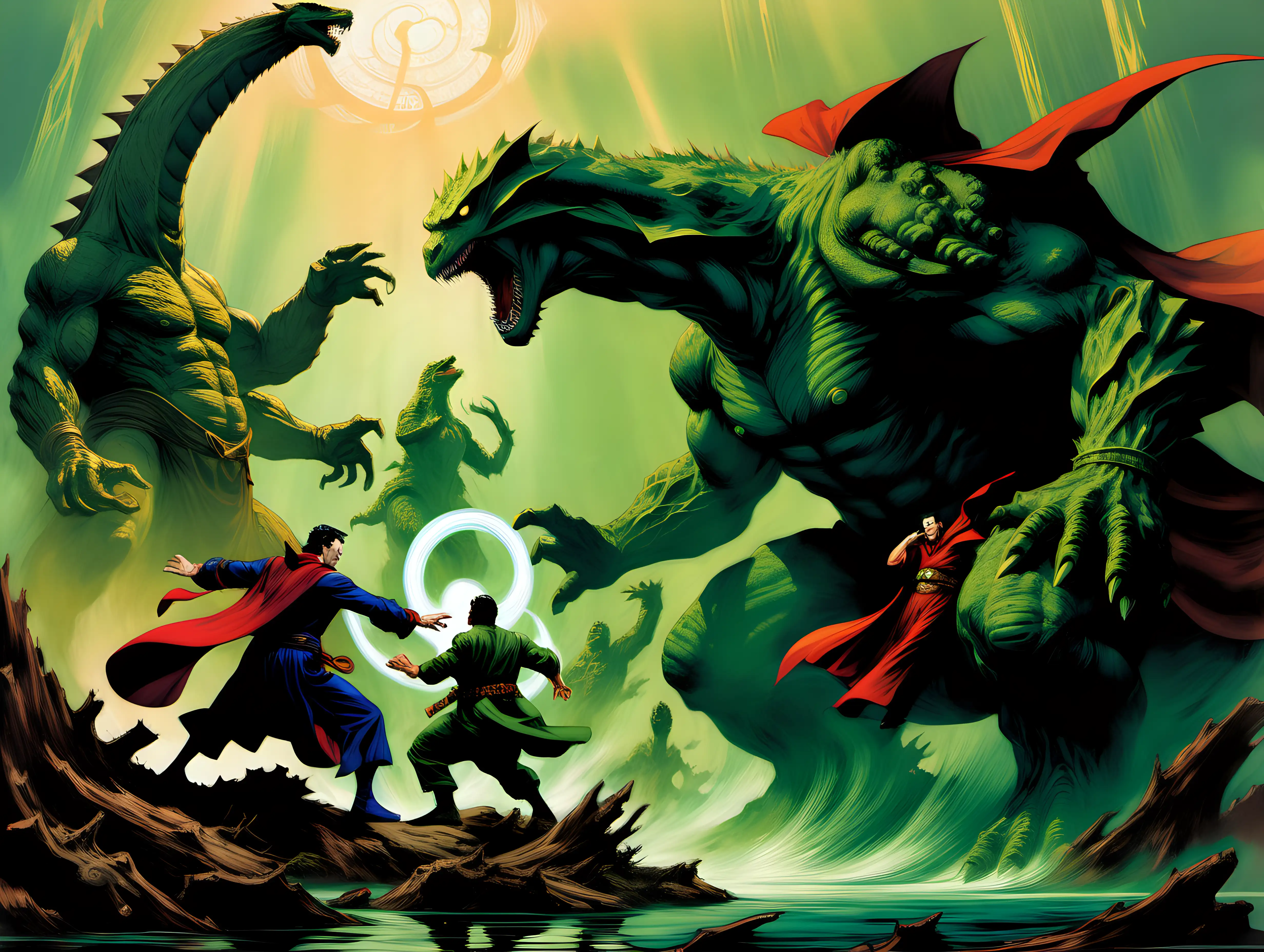 Doctor Strange fighting Godzilla in ancient swamp Frank Frazetta style
