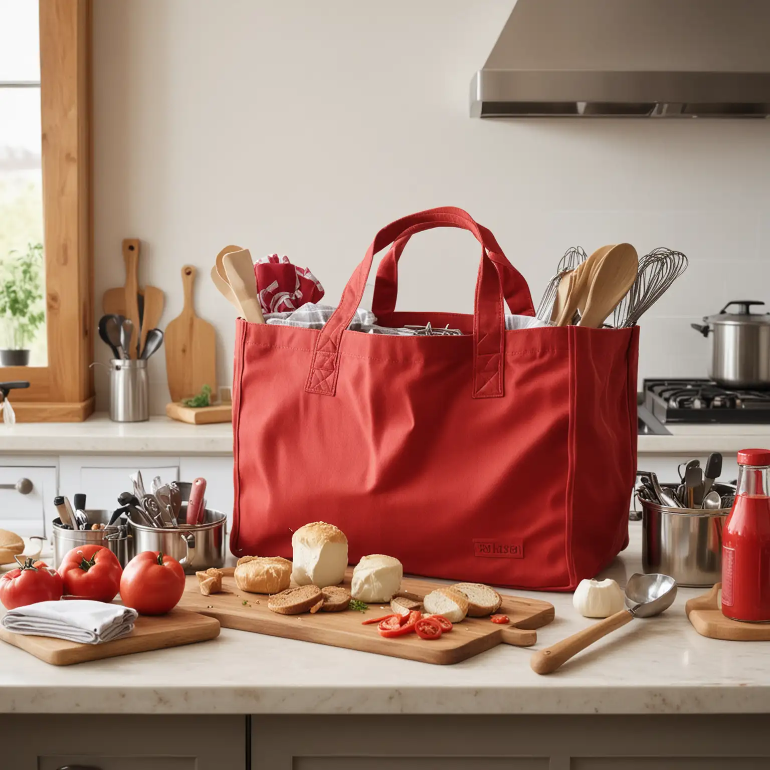 create a behind the scenes photo of a chef and her red tote bag, how she carries all of her accessories while having a busy day in the kitchen. analog camera style