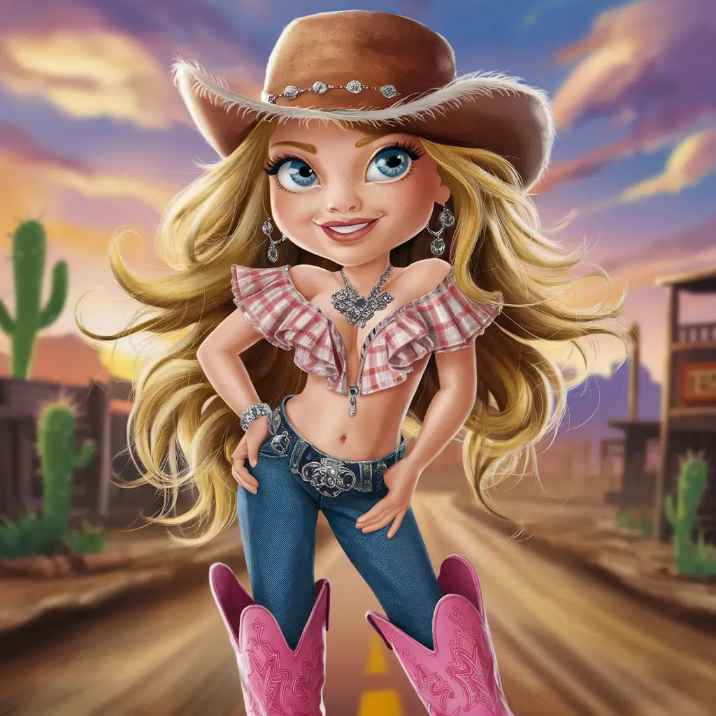 Cartoon Cowgirl with Long Hair Blue Eyes Jewelry Western Gingham Ruffle Shirt Denim Jeans and Pink Cowboy Boots
