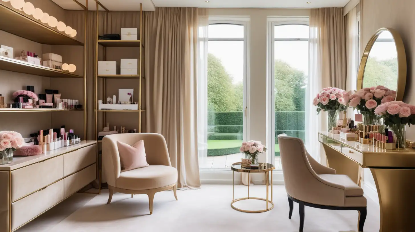 Modern Parisian beauty and dressing room; vanity table with lights and suede chair; brass shelving with beauty products and designer bags and shoes; floor to ceiling windows with curtains and views of the gardens; vase of roses; beige, light oak, brass colour palette
