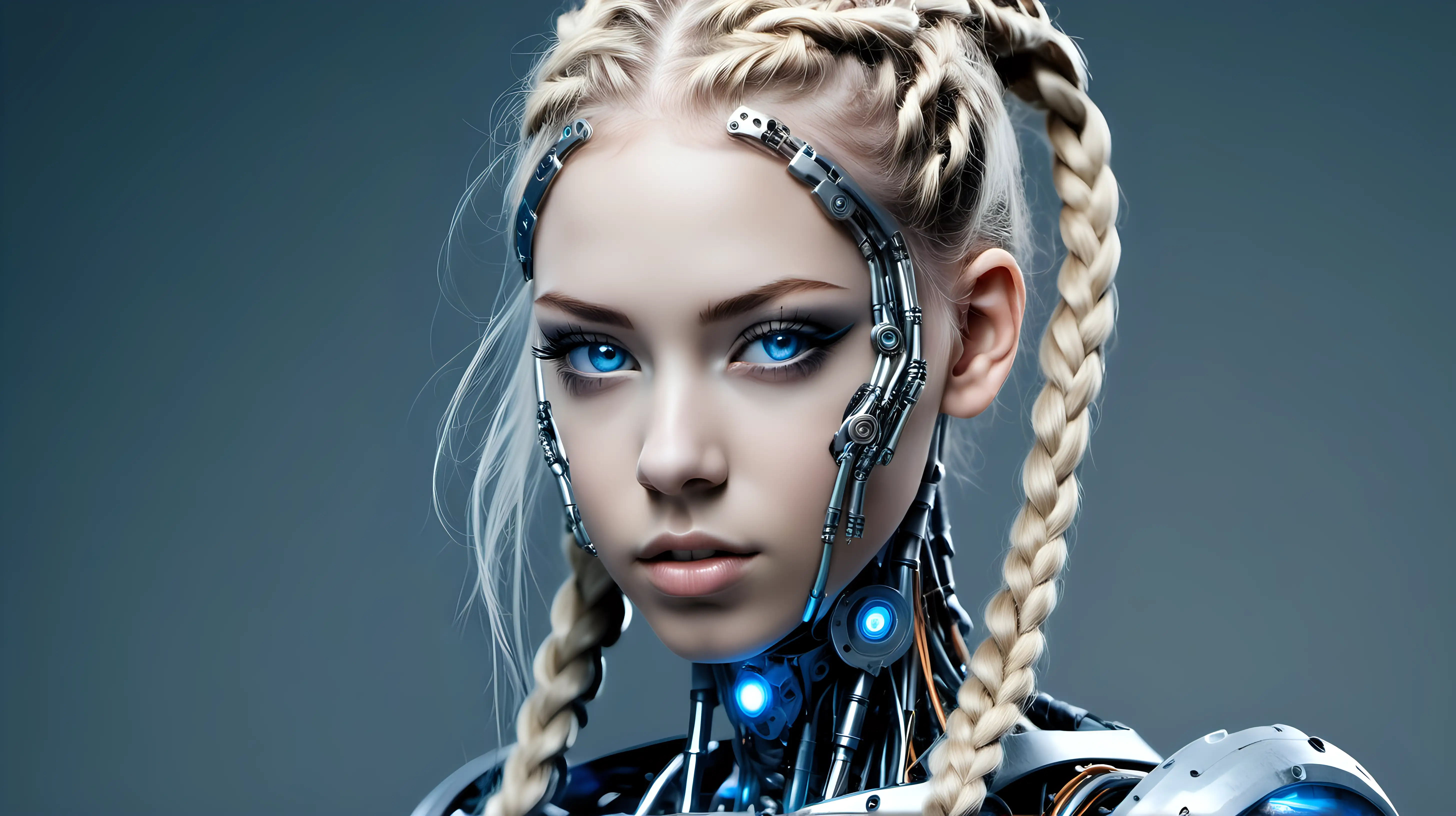 Gorgeous cyborg woman, 18 years old. She has a cyborg face, but she is extremely beautiful. Blonde braids, blue eyes.