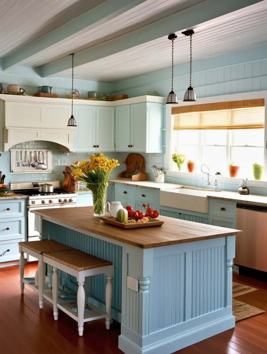 Cozy cottage kitchen with white cabinets, beadboard paneling on island with soft blue color


