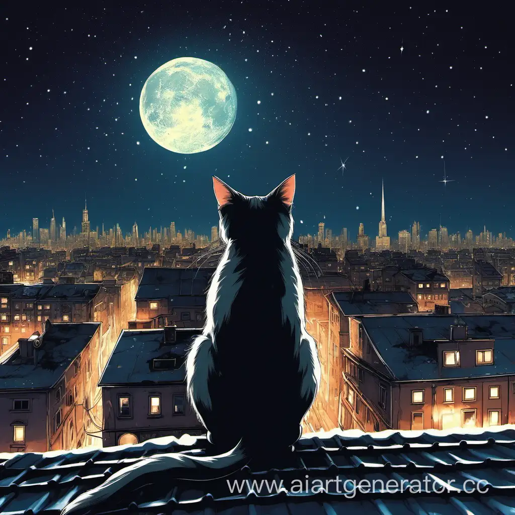 Кот сидит на крыше ночного города
