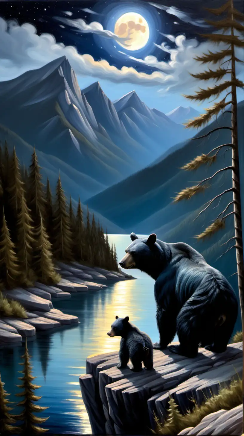 oil painting, mother black bear and cub sitting on cliff, moonlight, forest,  lake and mountains in background