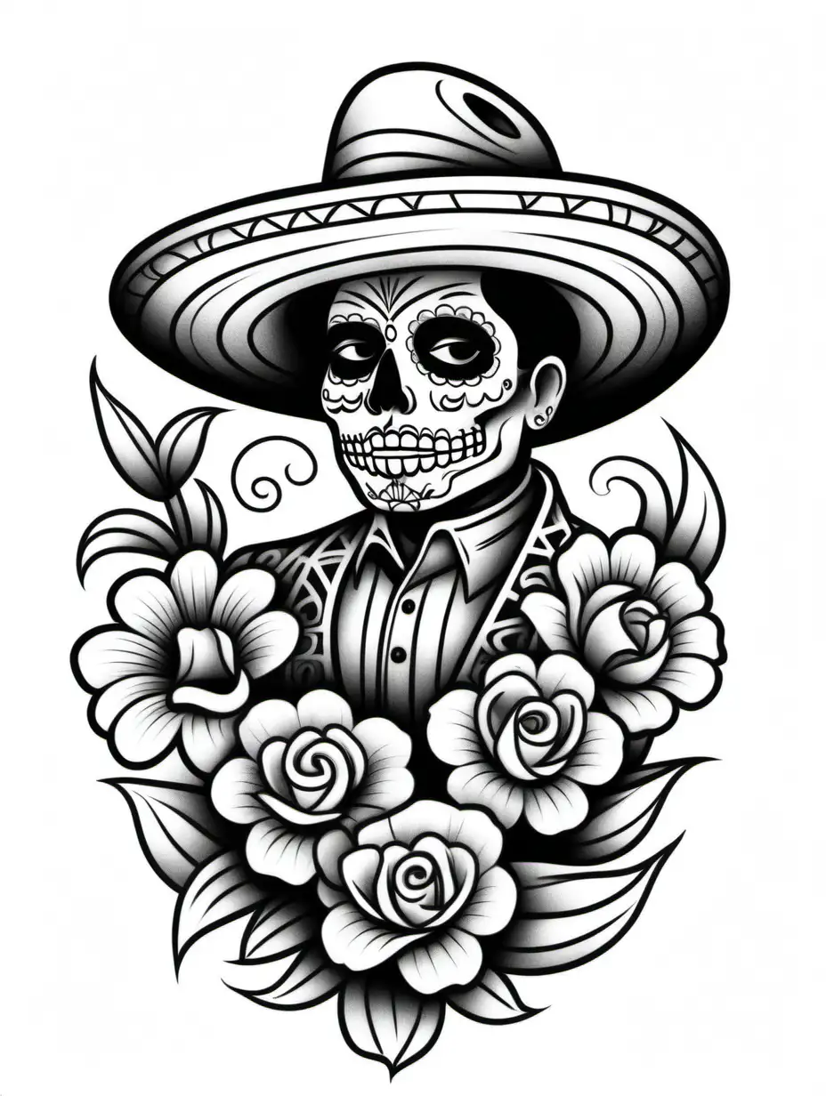 mariachi cholo dia de los muertos outline for a tattoo, white background, thick black lines, no color, mum flower themed
