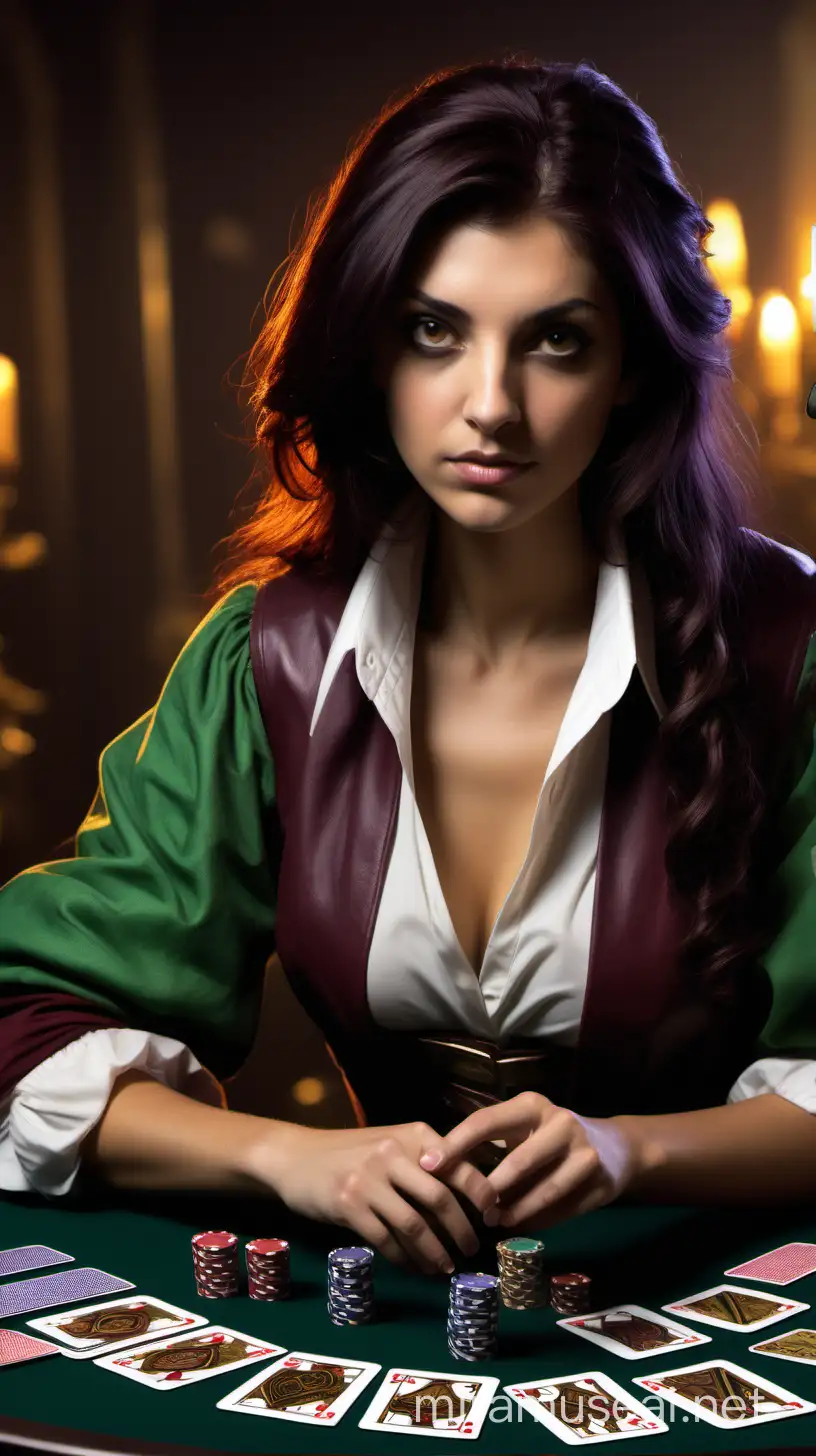 In the style of dungeons and dragons, create an attractive Italian female who is a card playing gambler. She tries to keep her identity somewhat hidden.
