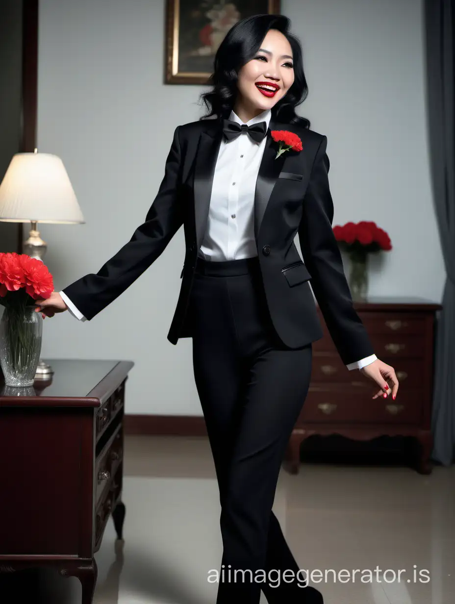 It is night. The lighting is dim. The scene is the room in a wealthy mansion. A beautiful smiling and laughing vietnamese woman with long black hair, and lipstick, mid-twenties of age, is walking straight forward, looking at the viewer.  She is wearing a tuxedo with a black jacket and black pants.  Her shirt is white with double french cuffs and a wing collar.  Her bowtie is black.   Her cufflinks are large and black.  She is wearing shiny black high heels. She is smiling and laughing.  Her jacket is open.  Her corsage is a red carnation.  Her jacket is open. Photorealistic, best quality raw photo.