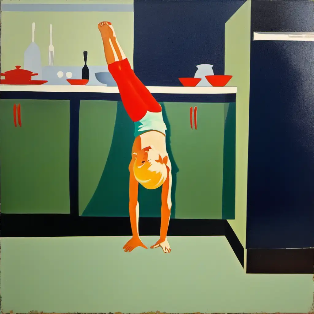 1960s oil painting, very abstract, back side of blonde little girl doing a handstand against the wall in kitchen, navy sage and dark green color palette