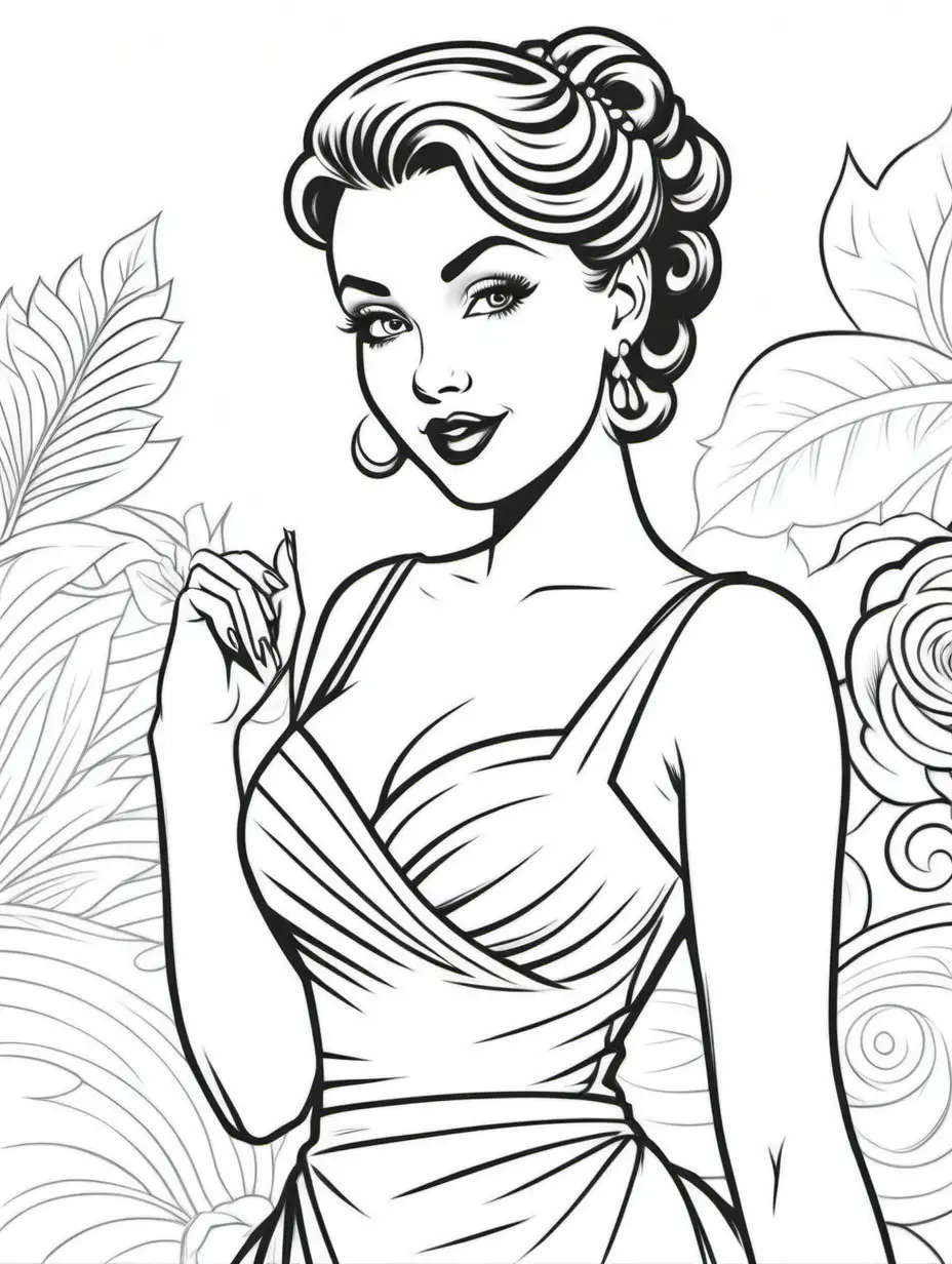 coloring page for adults, pinup, girl attending formal event , white background, clean line art, fine line art