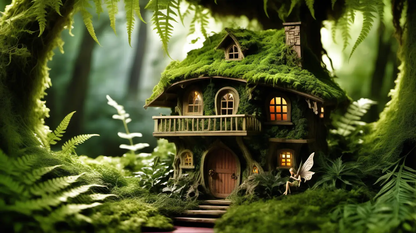 Capture the mystical allure of a hidden realm nestled amidst nature's embrace. Frame your shot through the lush foliage of verdant ferns, guiding the viewer's gaze towards a captivating sight—a whimsical fairy house delicately woven into the ancient bark of a towering tree. Embrace the play of light and shadow, allowing dappled sunlight to dance upon the moss-covered roof of the miniature abode. Let the natural elements converge to evoke a sense of wonder and magic, inviting observers to peer into a world where imagination thrives and the ordinary transcends into the extraordinary. This photograph should beckon viewers into a realm where the charm of the fairy-tale meets the serene beauty of the woodland sanctuary