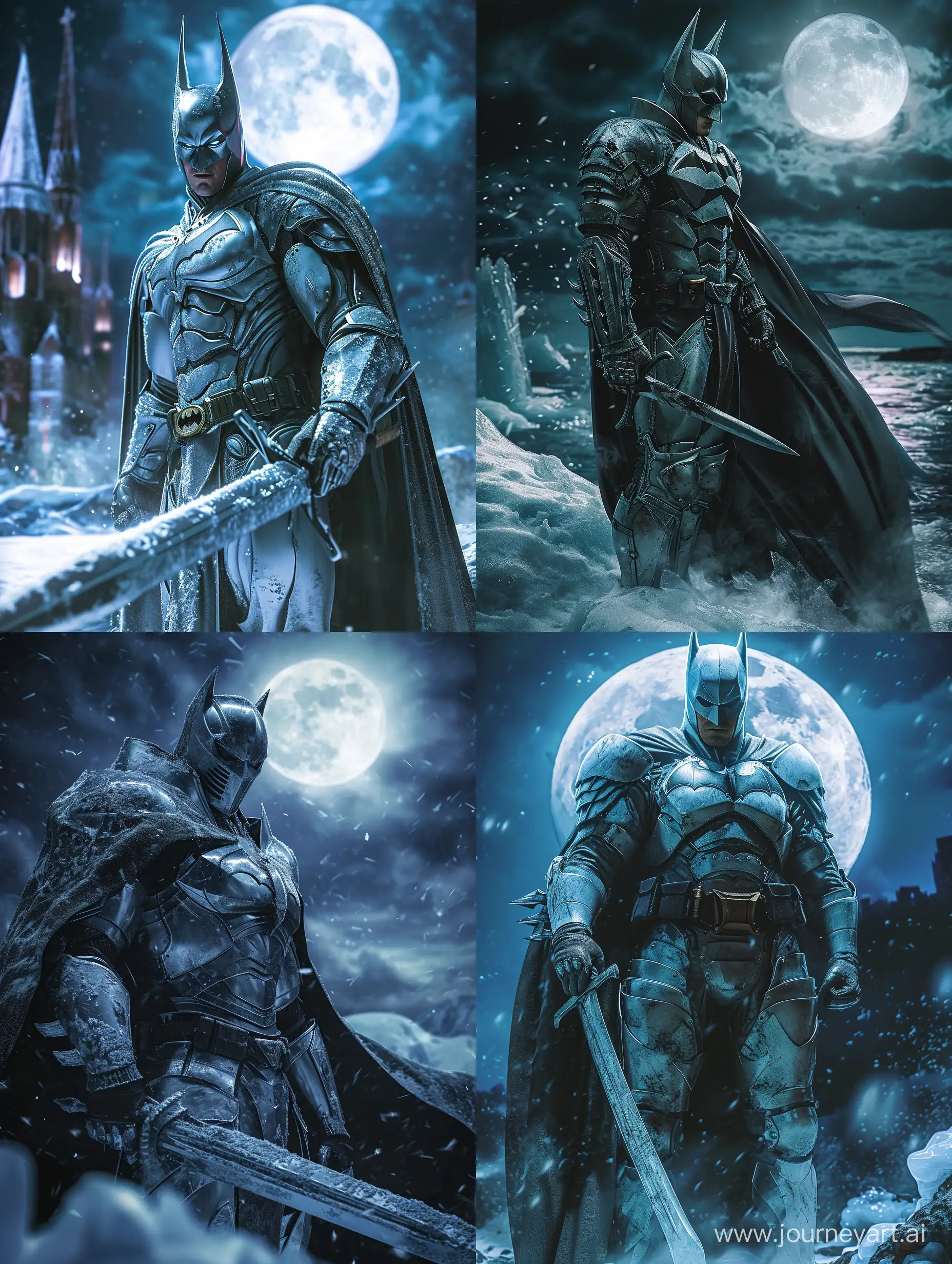 Batman as a silver Knight in medieval times, night, full moon, ice photorealistic, 8k --v 6 --ar 3:4 --no 52076